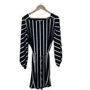 Ann Taylor Loft Black Striped Square Neck Dress Tie-Waist Balloon Sleeves Size S